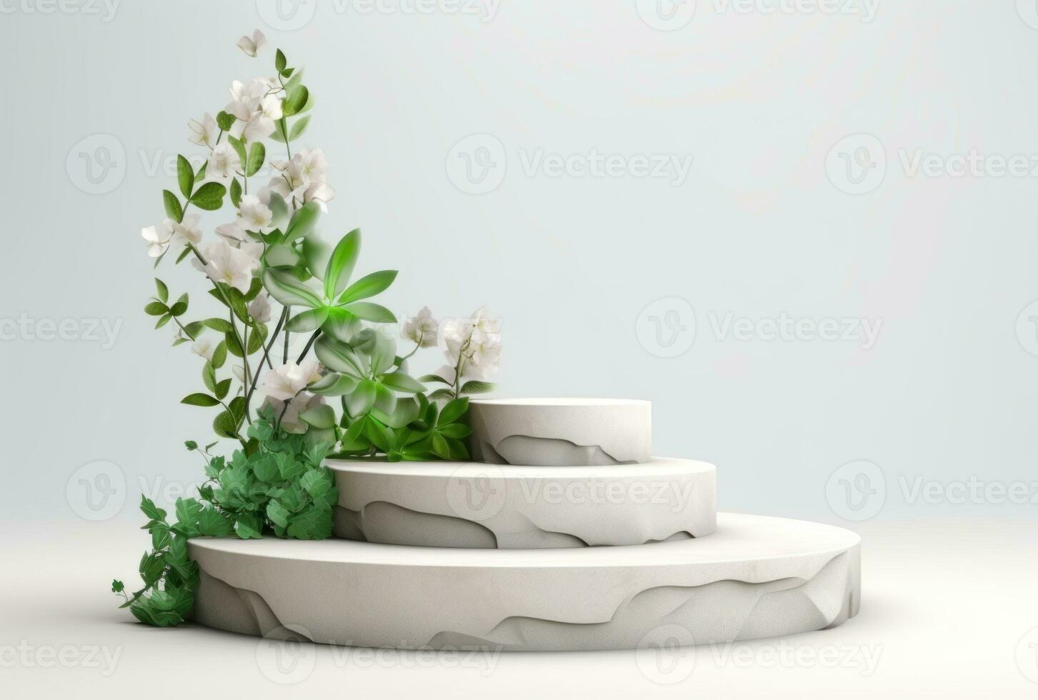 3d Anzeige Podium Weiß Hintergrund und Stein. Blume mit Grün Blatt und Felsen ai generiert. foto