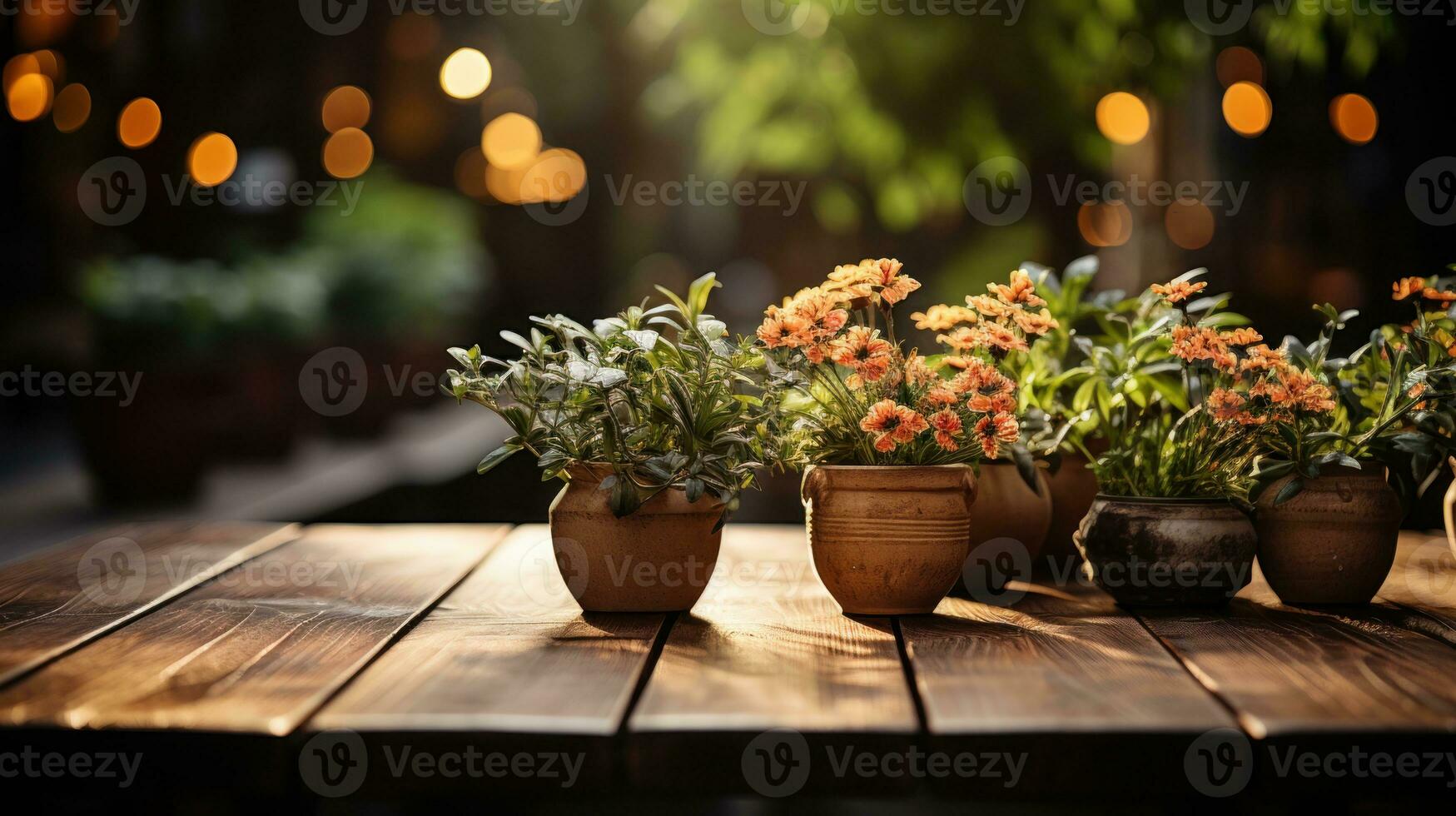 hölzern Tabelle mit eingetopft Pflanzen und schön Bokeh Hintergrund ai generiert. foto