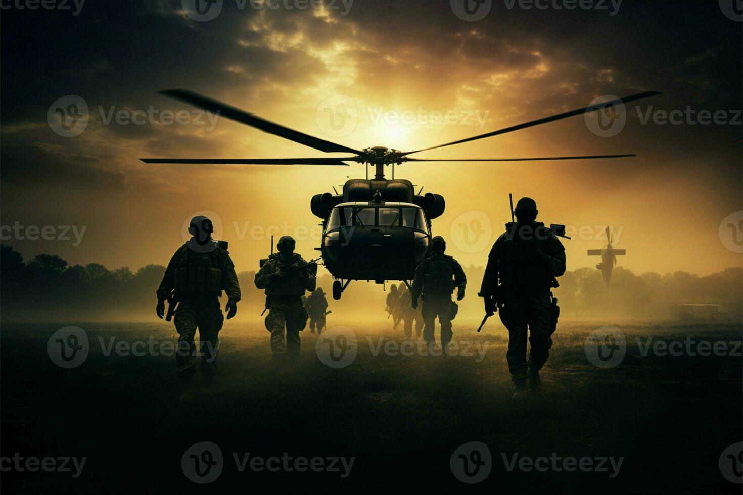 Soldaten Silhouetten gerahmt durch ein Hubschrauber imposant, Scheu inspirierend Gegenwart ai generiert foto