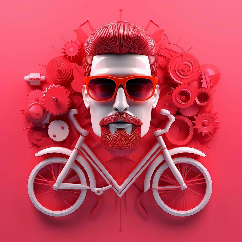 3d Charakter von Erwachsene Mann im Brille und Fahrrad auf Rosa Hintergrund, ai generativ foto