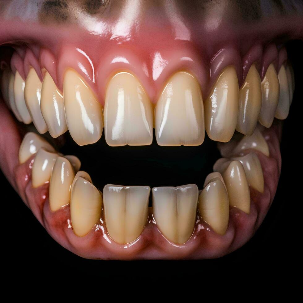 Porträt von intakt Zähne und beschädigt Zähne, ai generativ foto