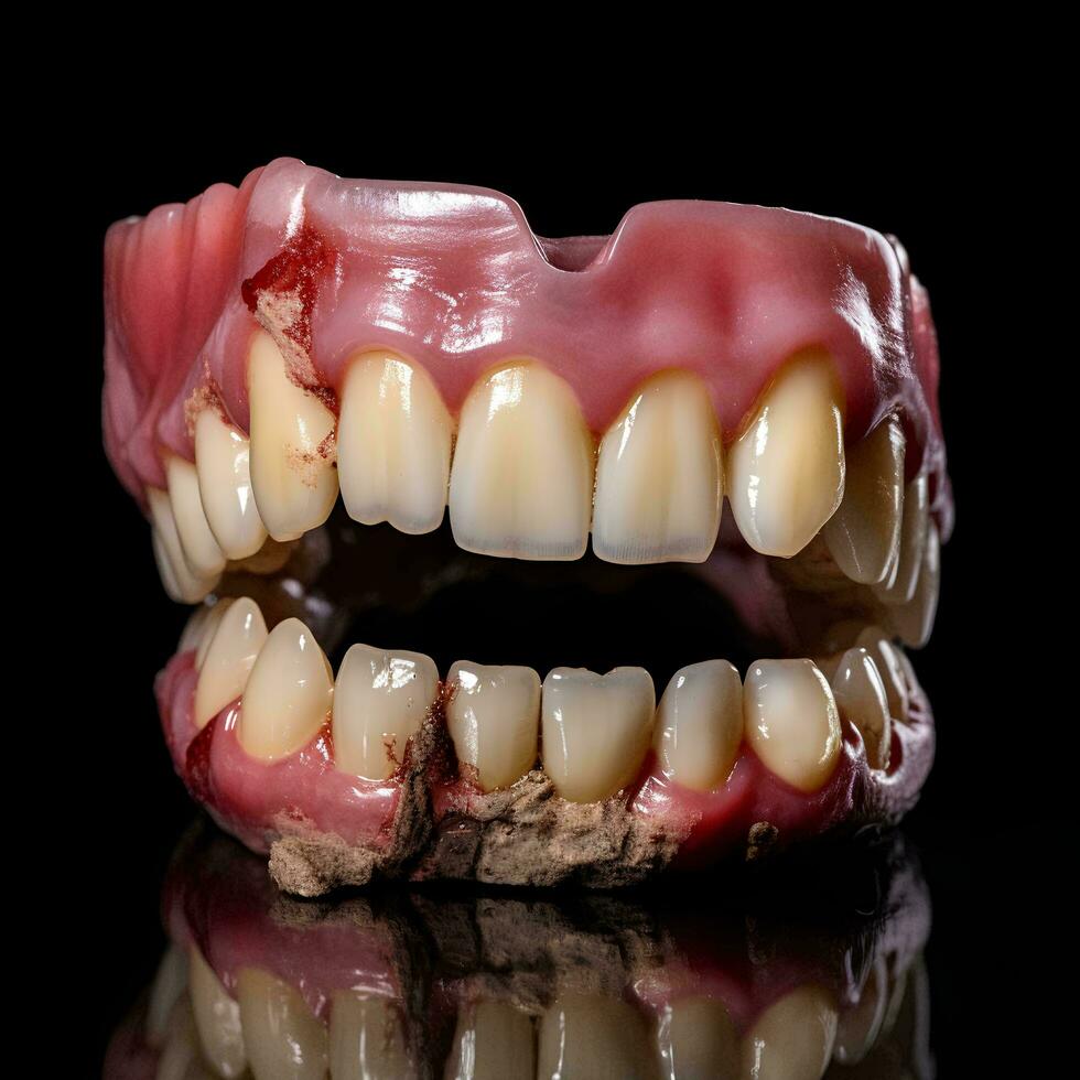 Porträt von intakt Zähne und beschädigt Zähne, ai generativ foto