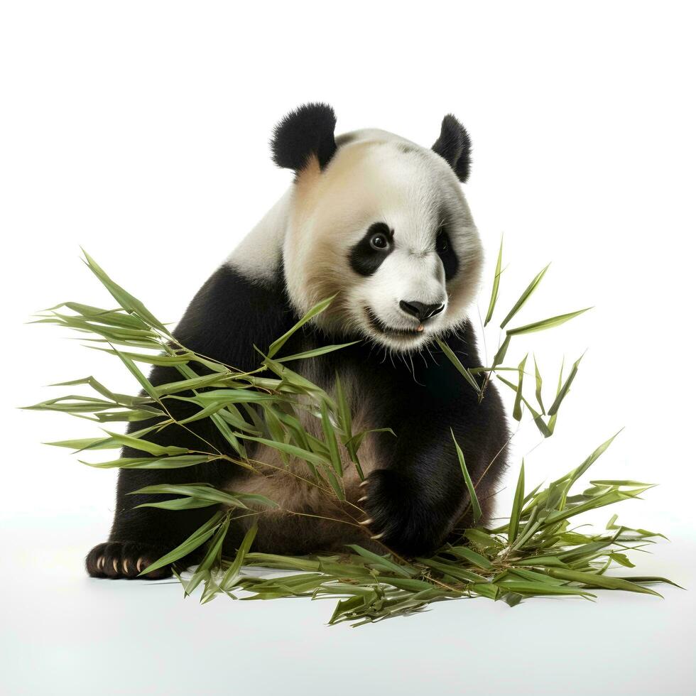 ein Panda Essen Bambus auf ein isoliert Weiß Hintergrund, ai generativ foto