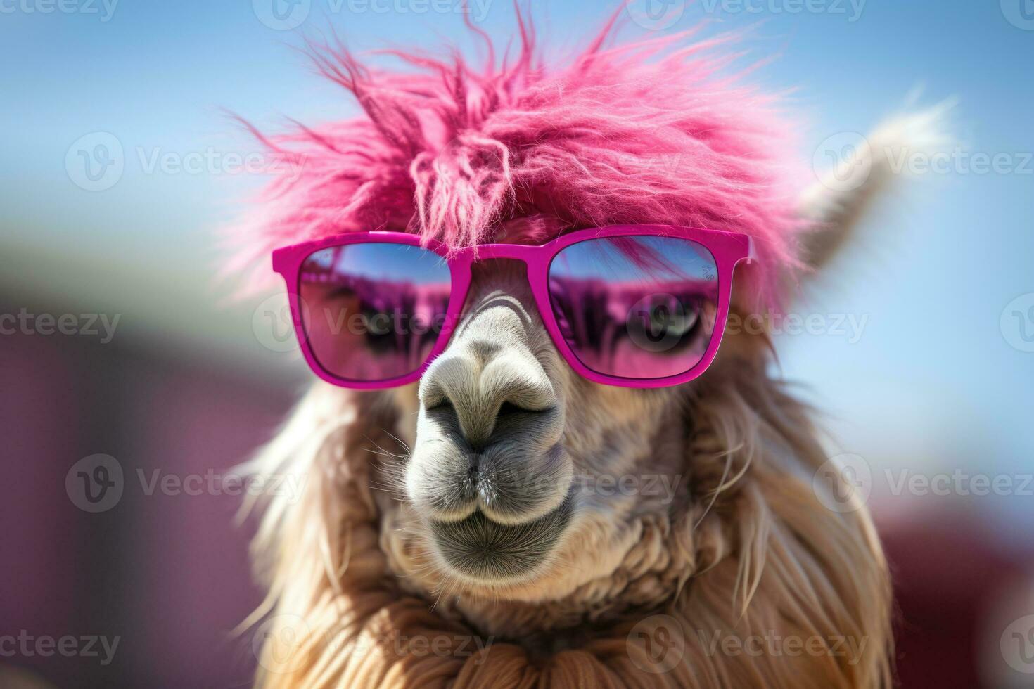 Lama mit ein Rosa Mähne im Sonnenbrille auf ein verschwommen Hintergrund. generiert durch künstlich Intelligenz foto