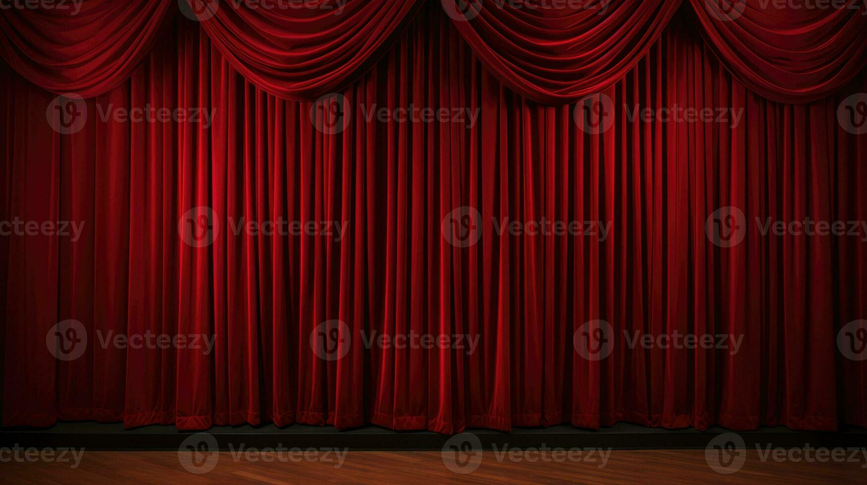 geschlossen zerknittert rot Vorhang Über leeren Theater Bühne. ai generativ foto
