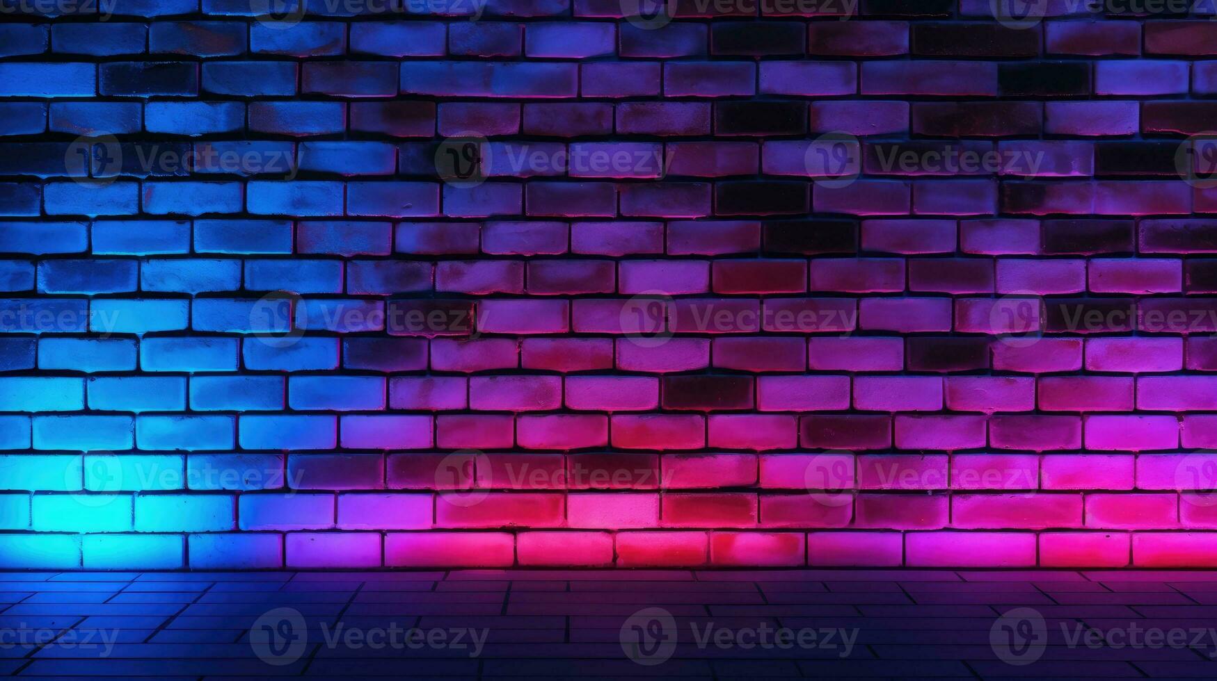 Neon- Beleuchtung auf alt Grunge Backstein Mauer Zimmer Hintergrund. ai generativ foto