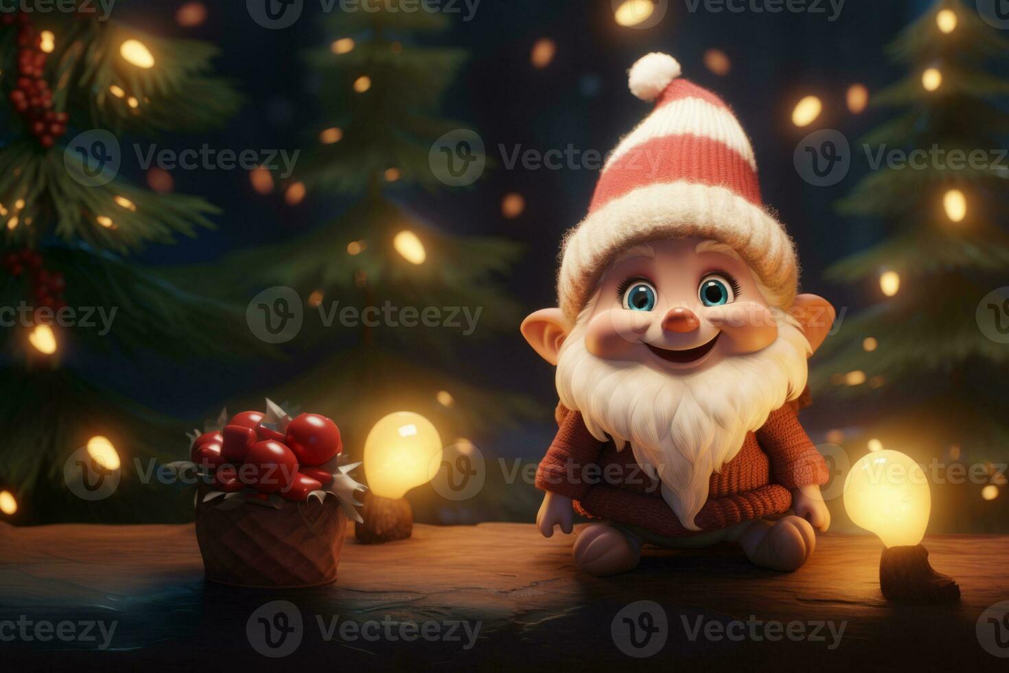 ai generiert süß Weihnachten Elf auf das Hintergrund von ein festlich Weihnachten foto