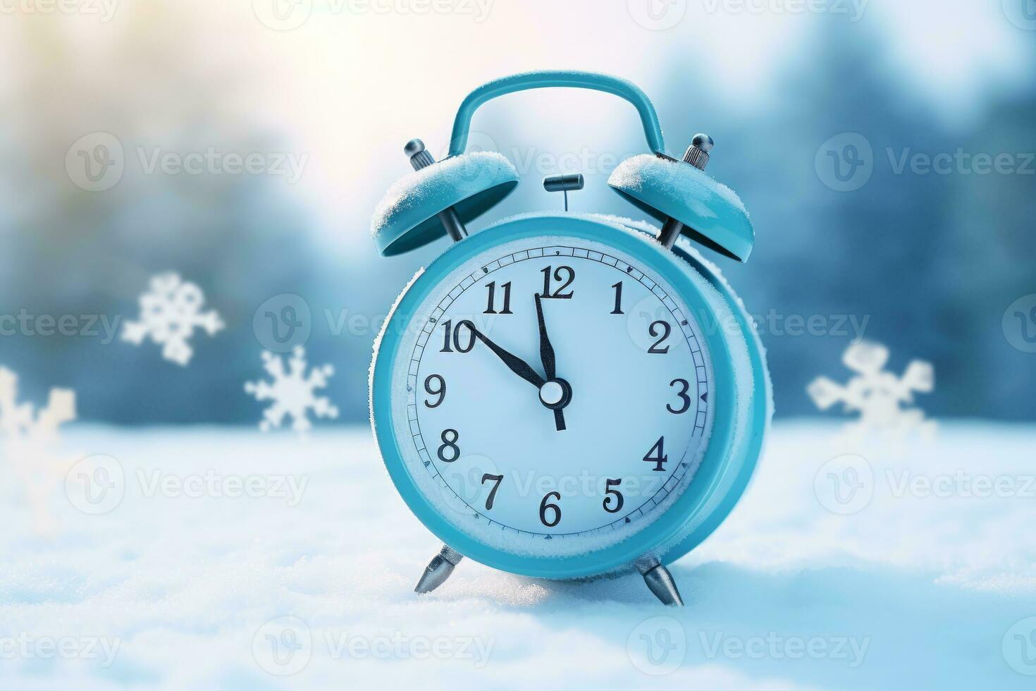 ai generiert Alarm Uhr auf das Hintergrund von ein Winter Landschaft. foto