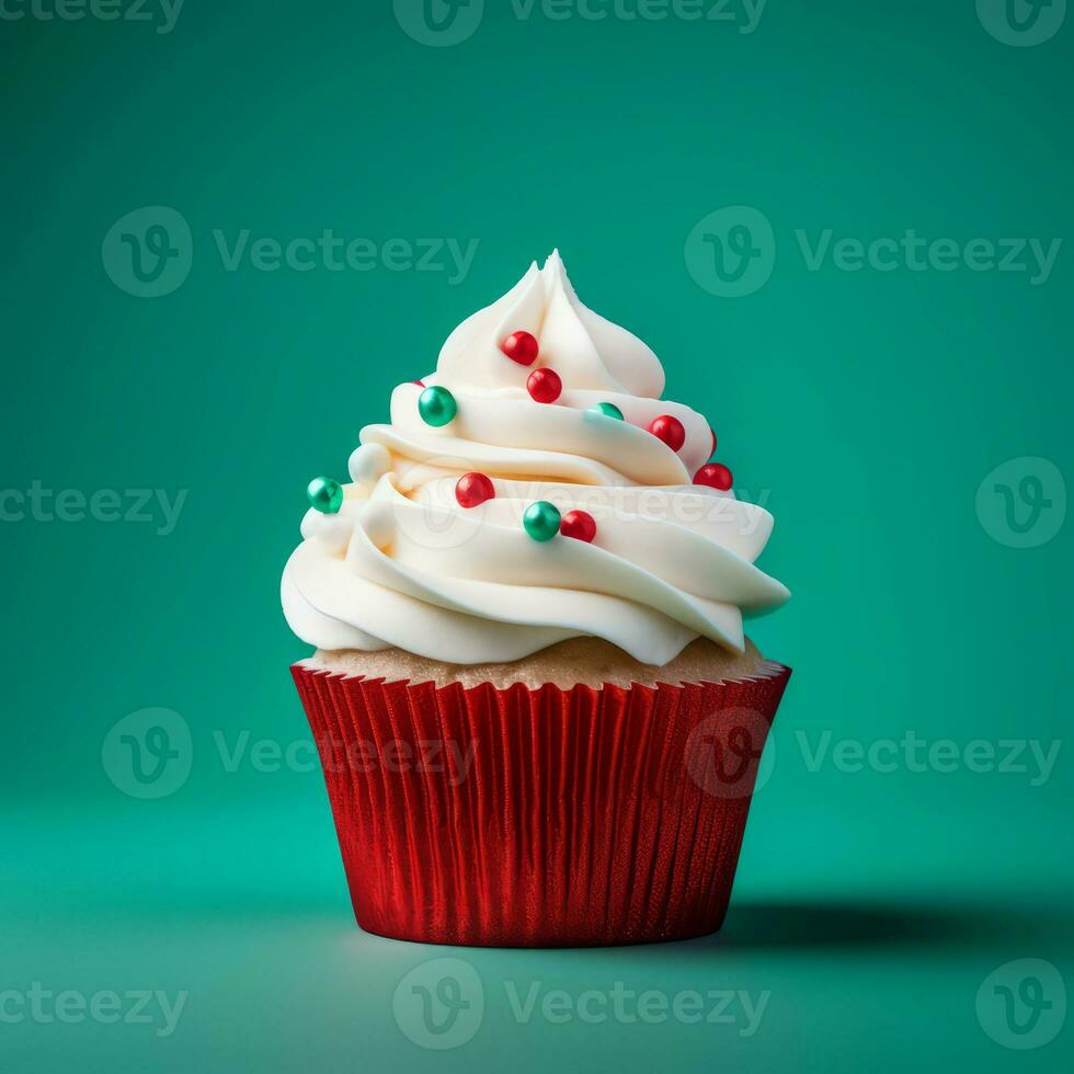 ai generiert Weihnachten Cupcake mit ein Weihnachten Baum Dekoration foto