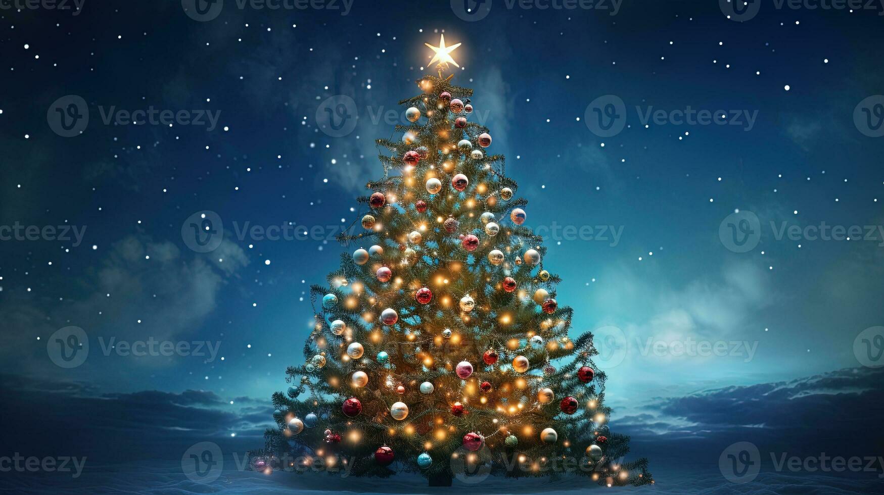 Weihnachten Baum leuchtenden mit Sterne, Girlanden und Kugeln im das Abend schneebedeckt Hinterhof. generiert ai. foto