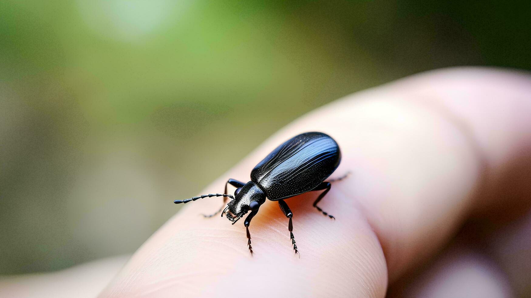 ein schwarz Käfer Spaziergänge auf ein Mensch Finger, ai generativ foto