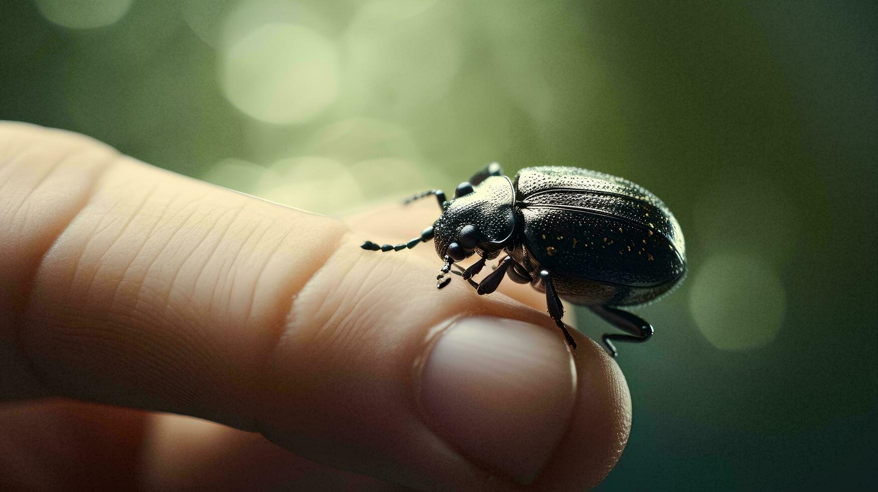 ein schwarz Käfer Spaziergänge auf ein Mensch Finger, ai generativ foto