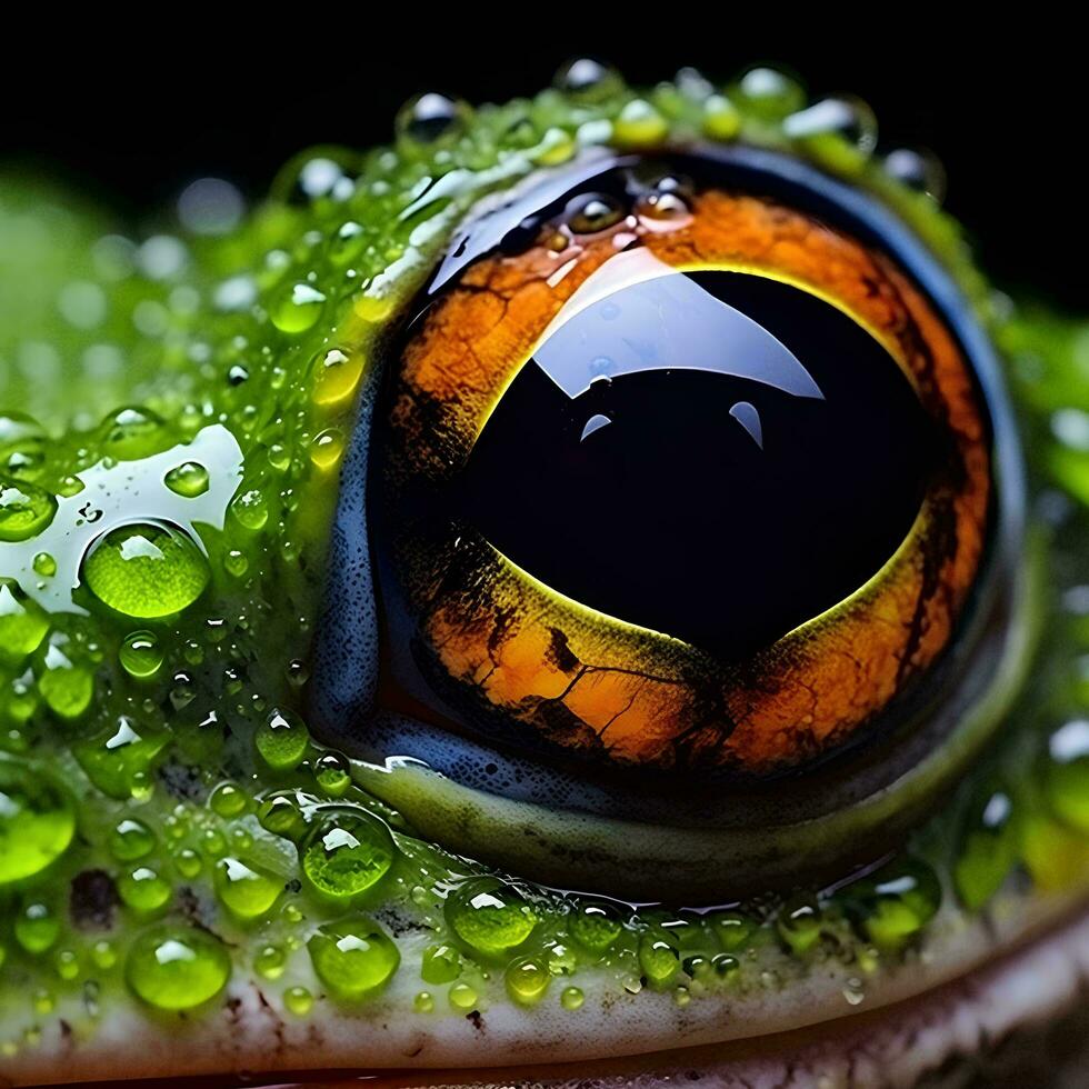 ein schließen oben von ein Frosch Auge mit Wasser Tröpfchen, ai generativ foto