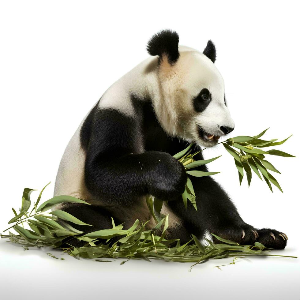 ein Panda Essen Bambus auf ein isoliert Weiß Hintergrund, ai generativ foto