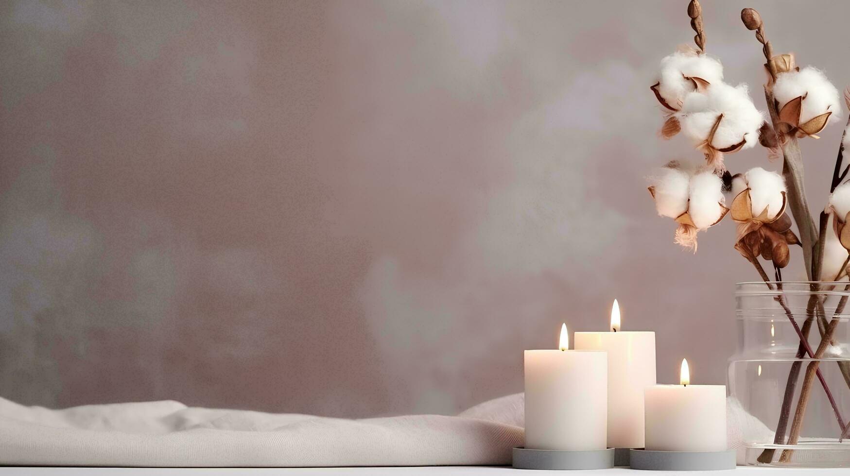Design zum stilvoll Tabelle Banner mit Baumwolle Blumen und Aroma Kerzen in der Nähe von das Wand, ai generativ foto