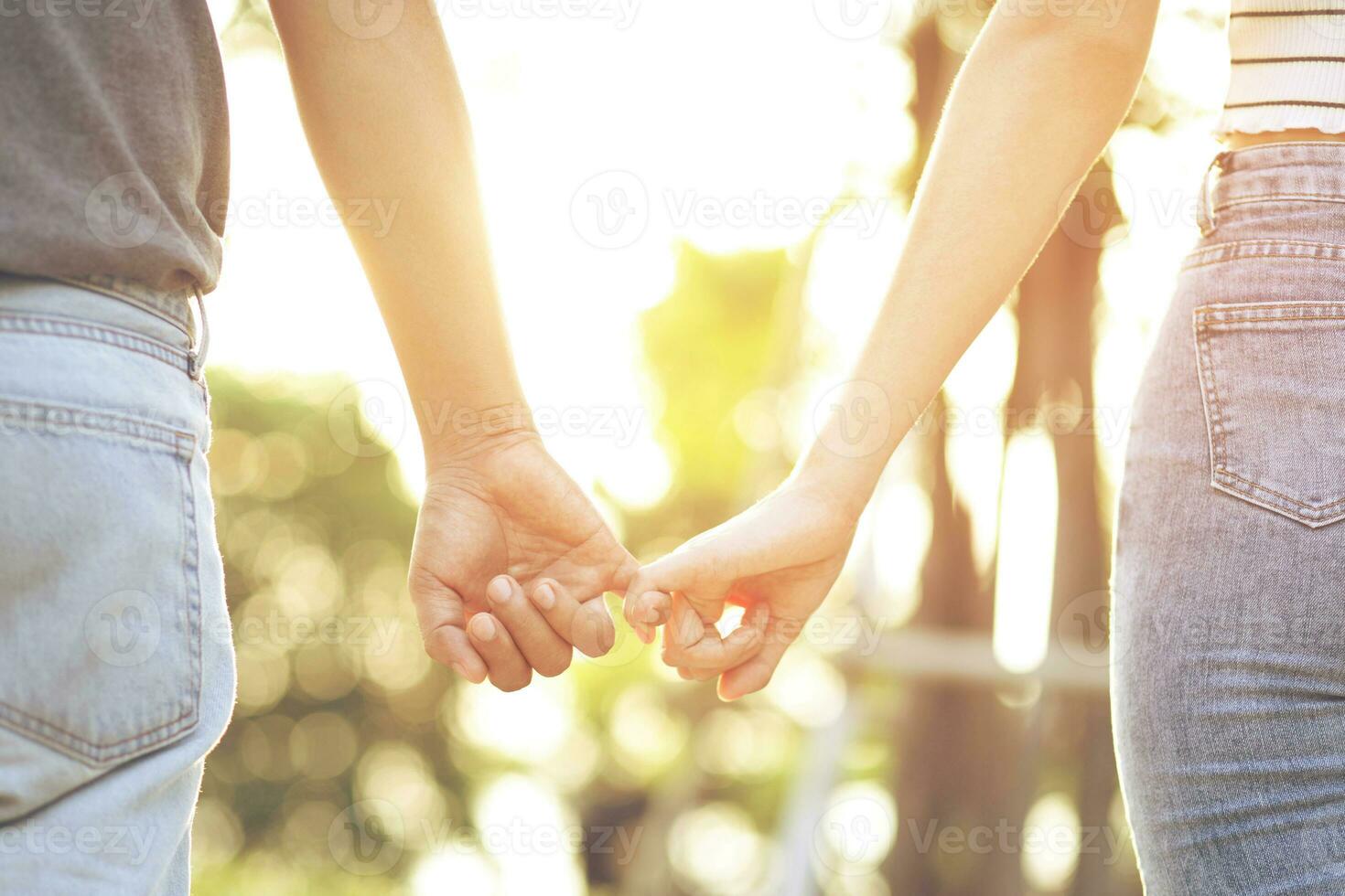 Frau und Mann halten Hände, glücklich Paar Liebe im das Garten. Konzept Paar Liebhaber Valentinstag Tag foto