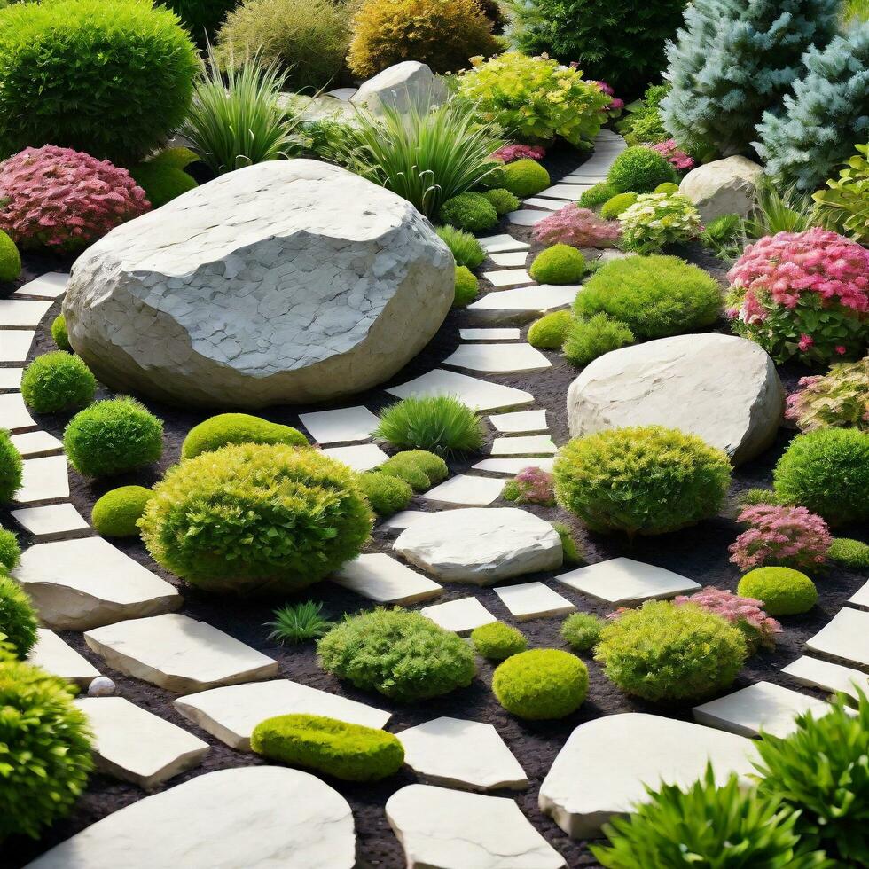 Garten dekoriert mit Felsen und Blumen und Pflanzen isoliert auf Weiß Hintergrund. ai generativ foto