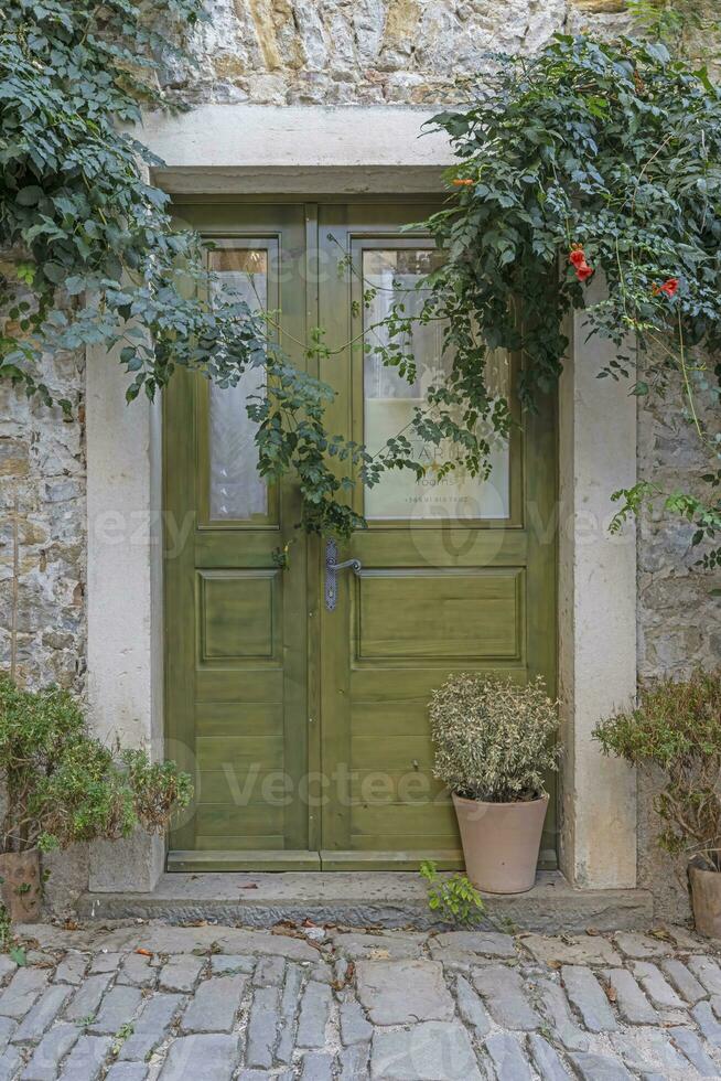 Bild von ein Grün Eingang Tür zu ein Wohn Gebäude mit ein Antiquität Fassade foto