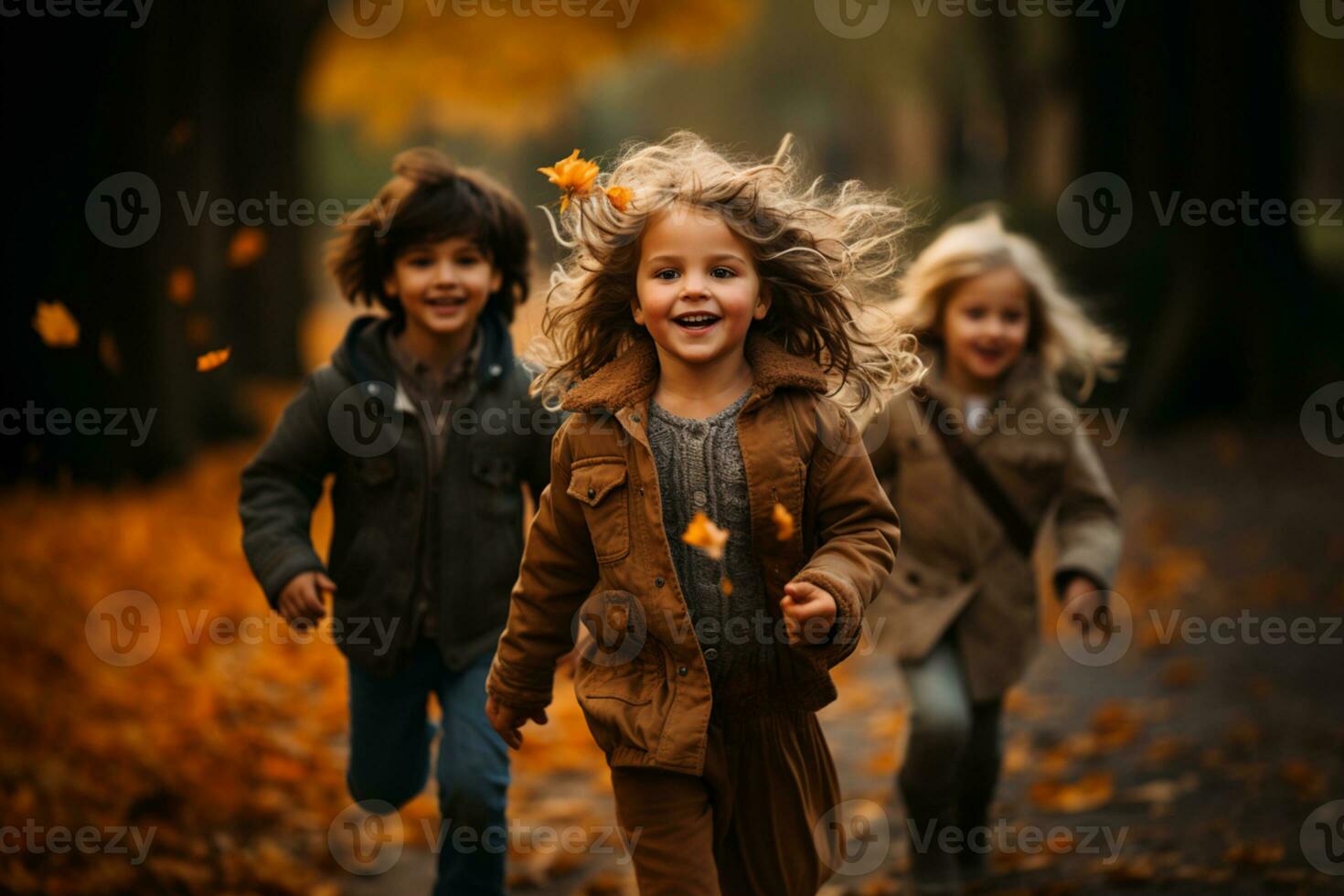 Kinder glücklich Laufen beim das Strand während Herbst ai generiert foto