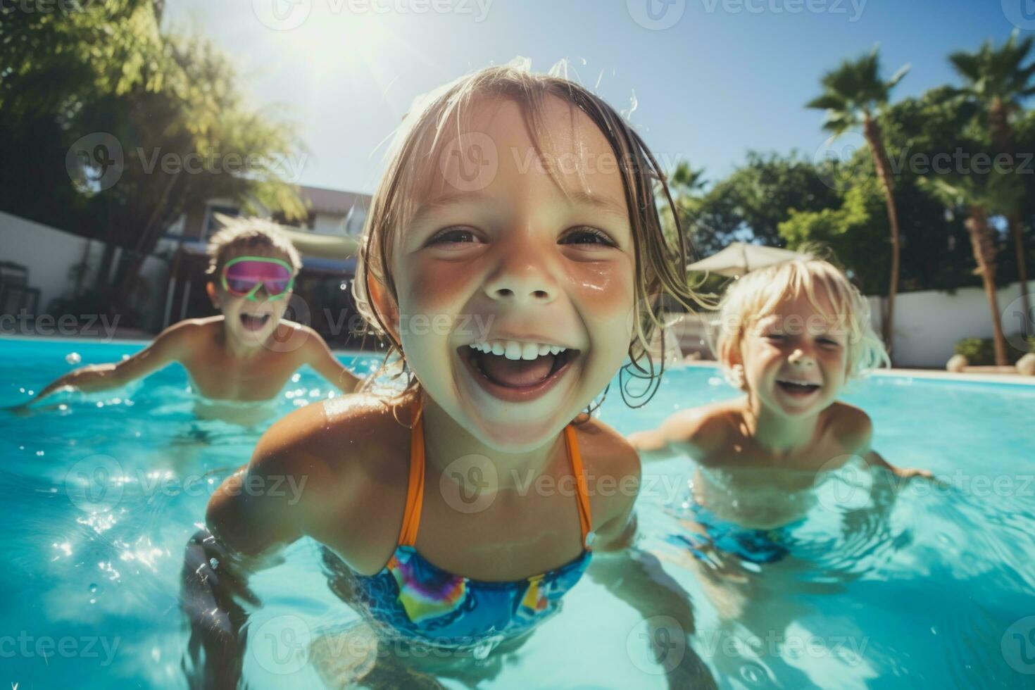 Kinder glücklich spielen im das Schwimmbad ai generiert foto