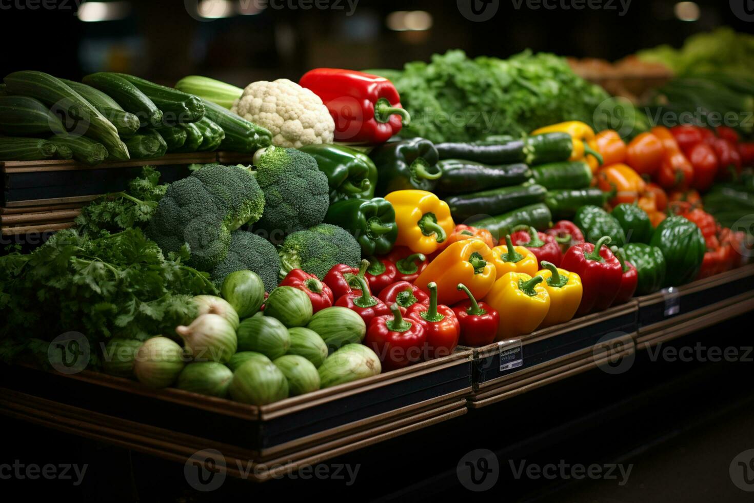 Sorten Art von Gemüse auf Regale beim Supermarkt ai generiert foto