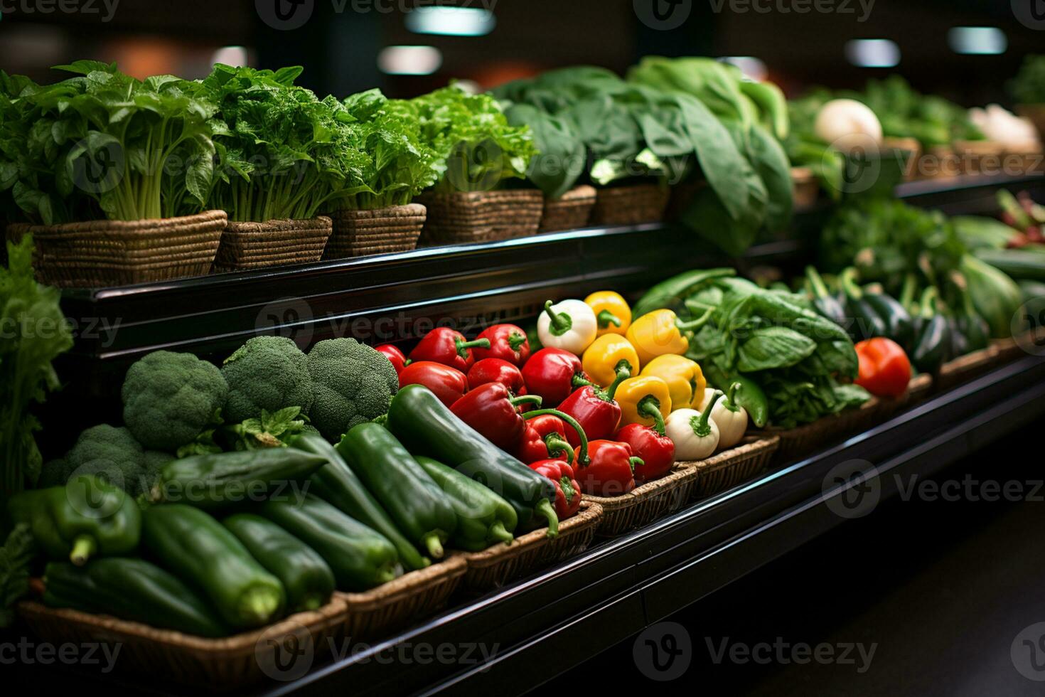 Sorten Art von Gemüse auf Regale beim Supermarkt ai generiert foto