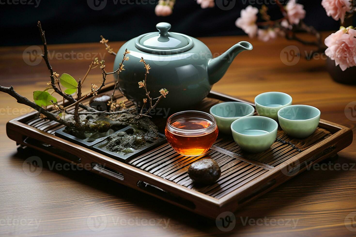 einstellen von Chinesisch Tee bereit zu Sein serviert während festlich ai generiert foto