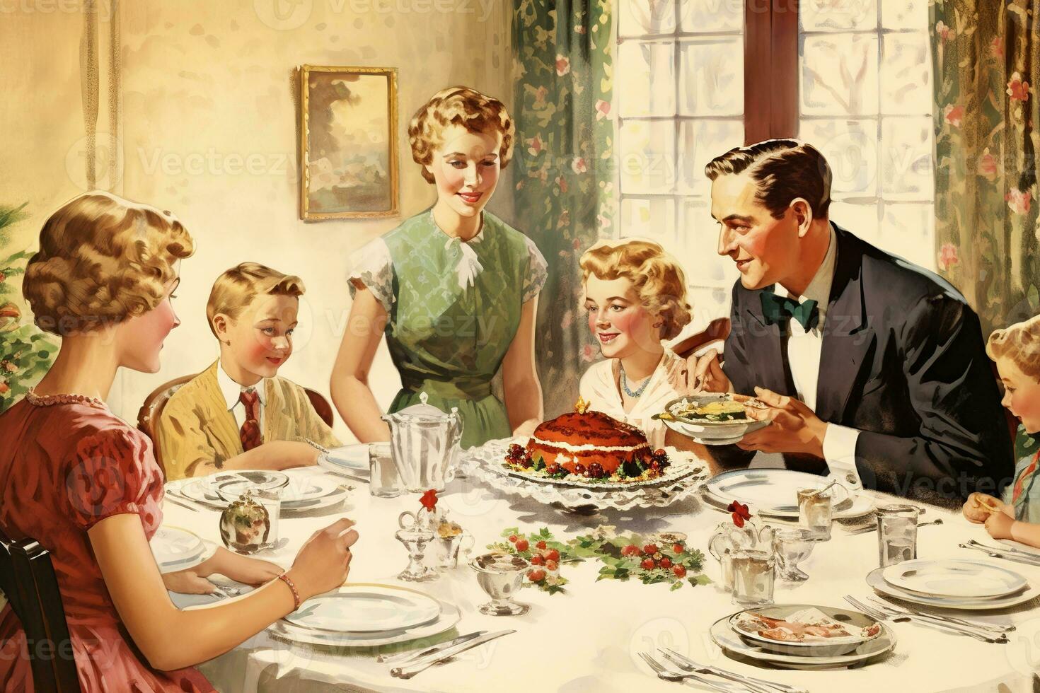 Jahrgang Illustration von ein Familie Weihnachten Abendessen foto
