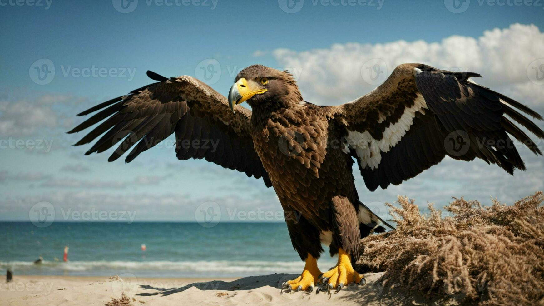 ein schön Sommer- Tag mit Blau Himmel und ein einsam stellers Meer Adler Über das Strand ai generativ foto