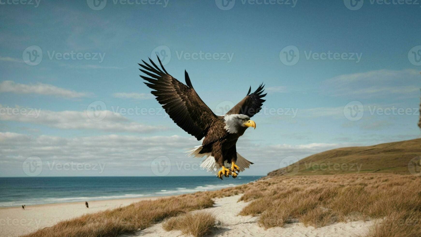 ein schön Sommer- Tag mit Blau Himmel und ein einsam stellers Meer Adler Über das Strand ai generativ foto