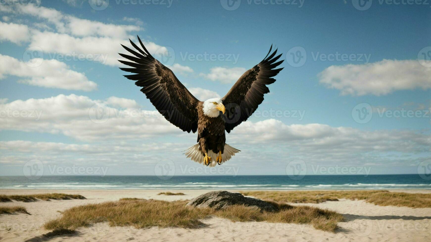 ein schön Sommer- Tag mit Blau Himmel und ein einsam stellers Meer Adler Über das Strand ai generativ foto