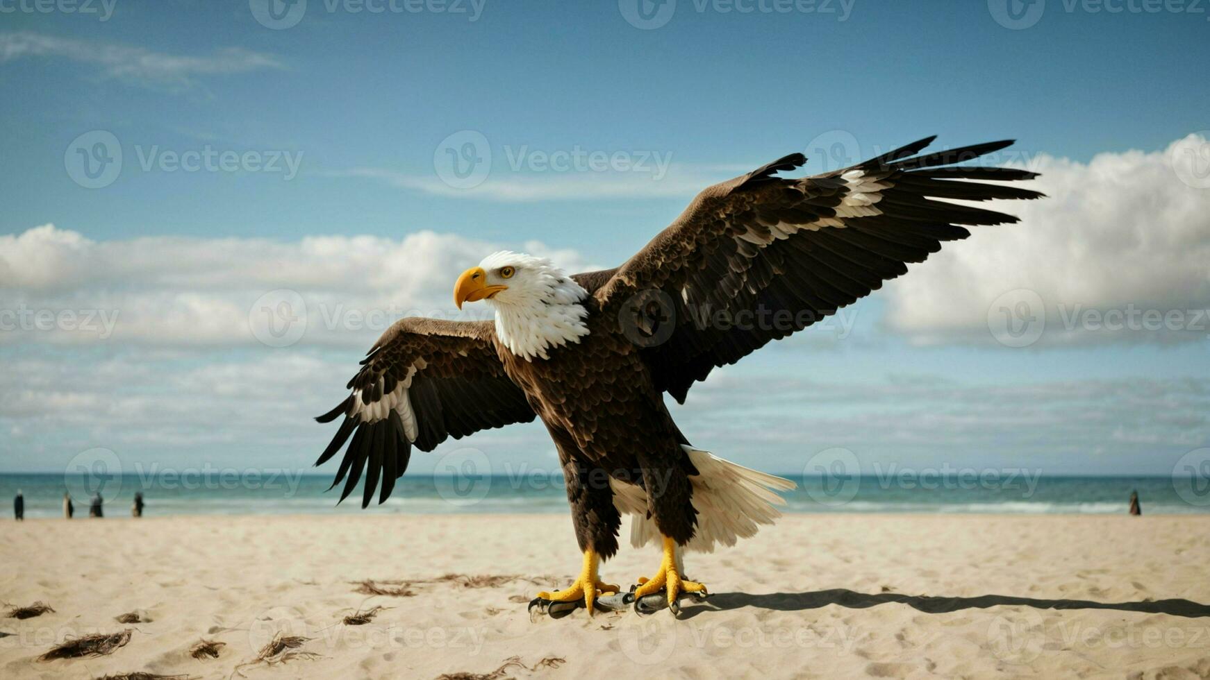 ein schön Sommer- Tag mit Blau Himmel und ein einsam stellers Meer Adler Über das Strand ai generativ foto