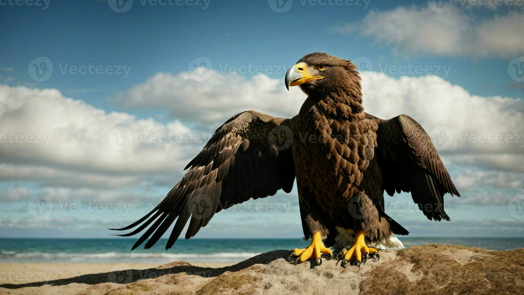 ein schön Sommer- Tag mit Blau Himmel und ein einsam stellers Meer Adler Über das Strand ai generativ foto