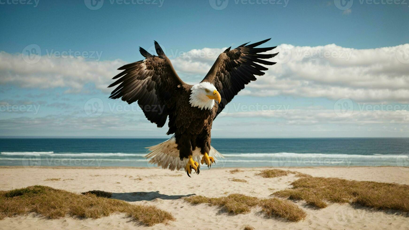 ein schön Sommer- Tag mit Blau Himmel und ein einsam stellers Meer Adler Über das Strand ai generativ foto