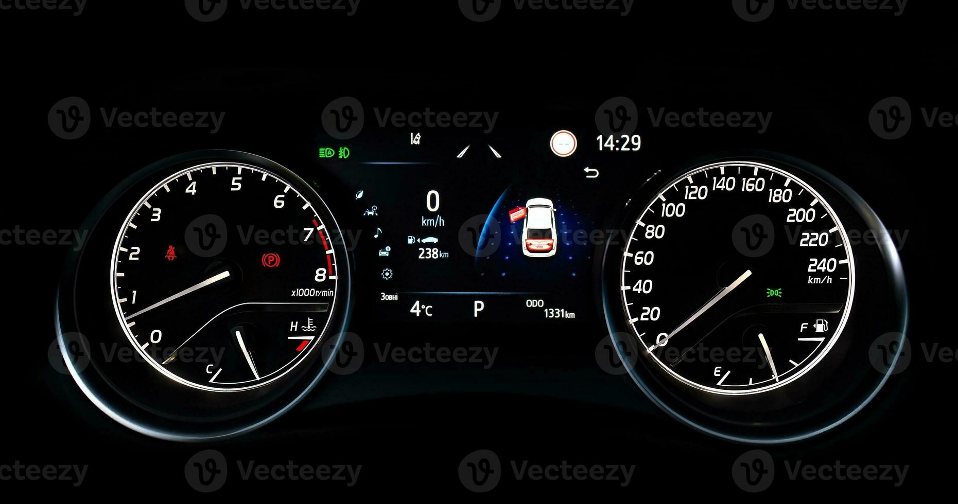 Auto Tachometer und Sensoren auf ein Steuerung Panel Hintergrund, Auto Elemente schließen Aussicht foto