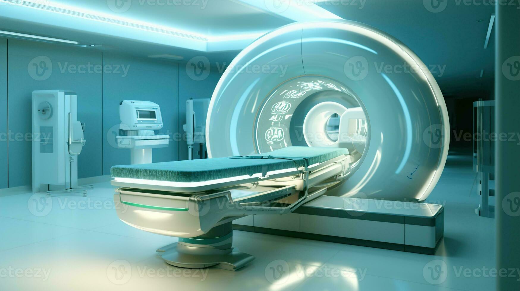 Der letzte Stand der Technik medizinisch Technologie, Ausrüstung und medizinisch Geräte im ein modern Betriebs Zimmer, einschließlich Röntgen Gerät und mri Scan, Rahmen das Bühne zum fortgeschritten Gesundheitspflege, ai generativ foto