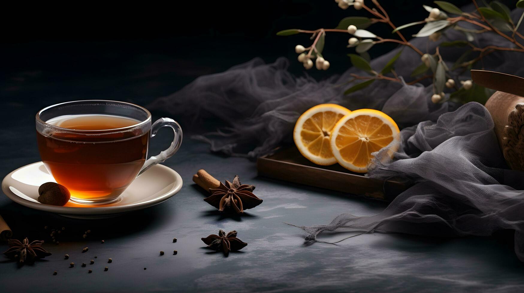 Bernstein Tee im Weiß Tasse mit Orange Scheiben, und Plätzchen auf dunkel Hintergrund foto
