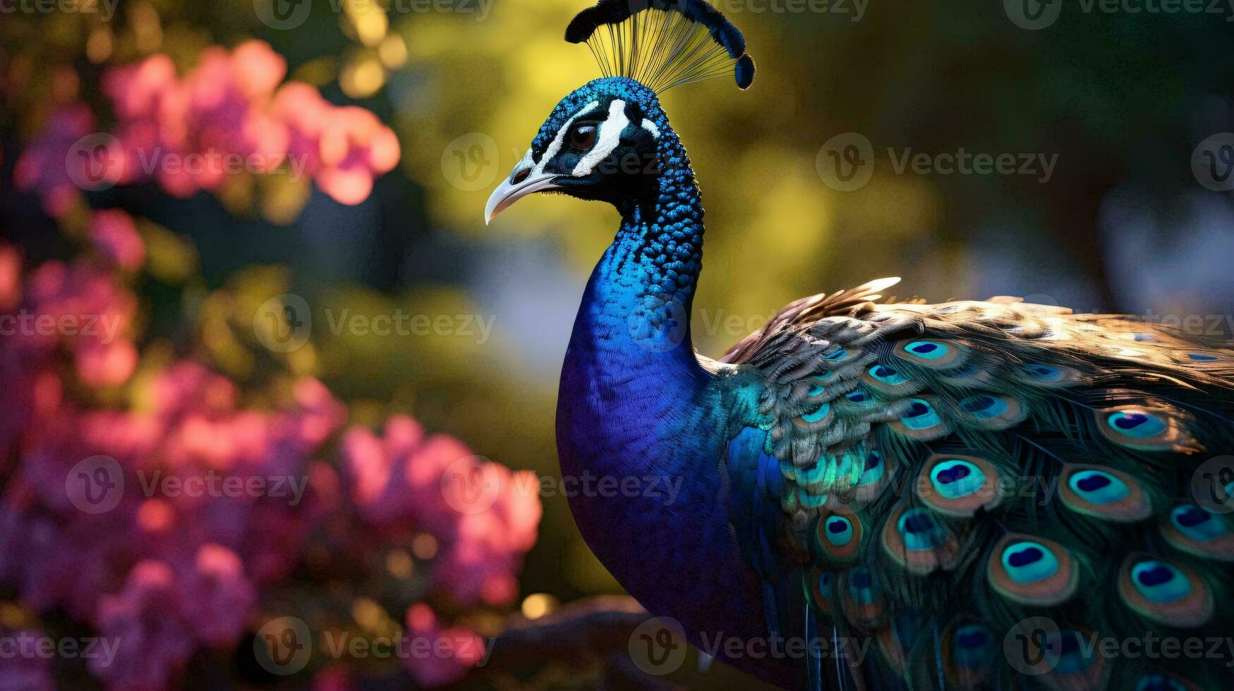 ein Pfau mit es ist Gefieder Verbreitung ai generiert foto