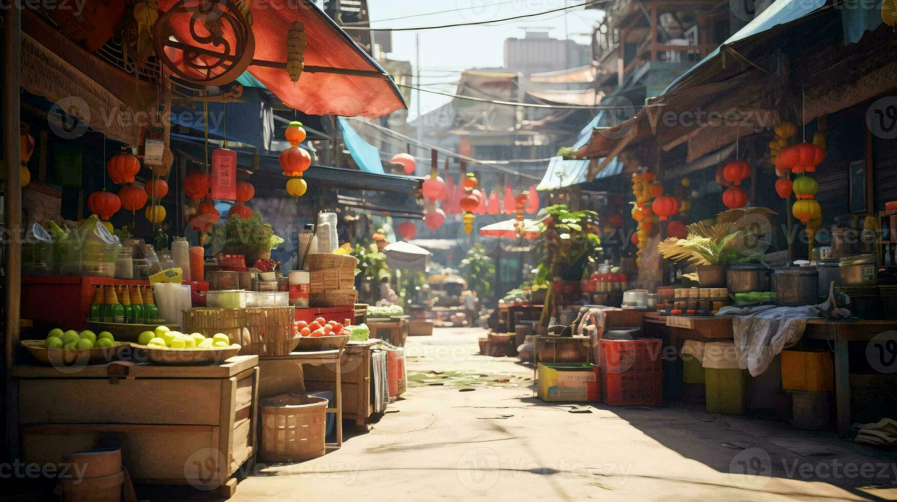 ein Straße mit viele Geschäfte und Früchte ai generiert foto