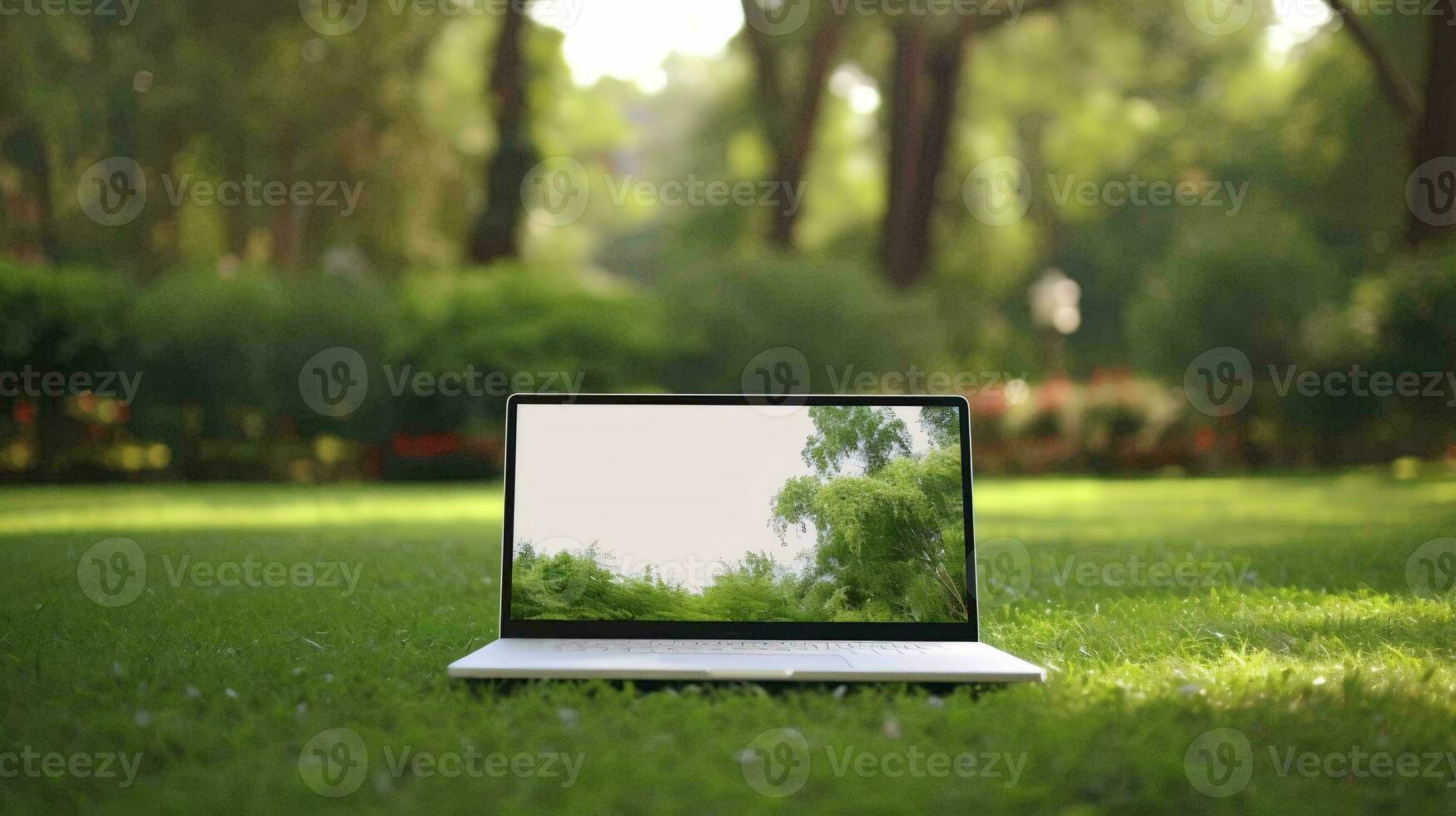 ein Laptop auf das Gras ai generiert foto