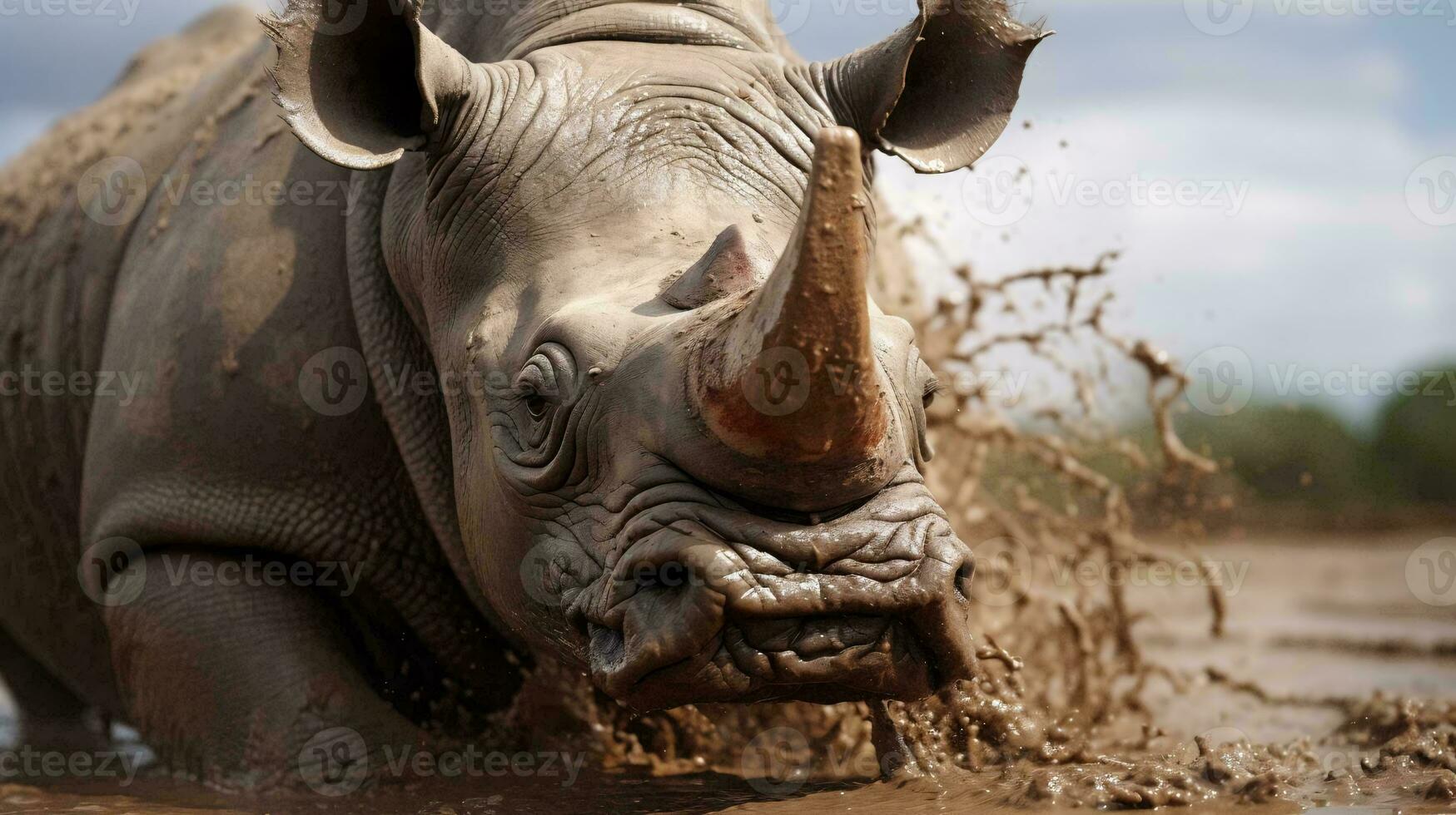 ein Nashorn mit es ist Mund öffnen ai generiert foto