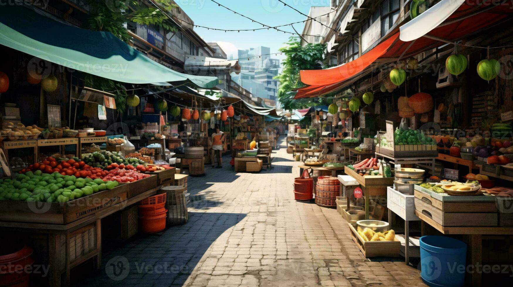 ein Straße mit Obst und Gemüse ai generiert foto