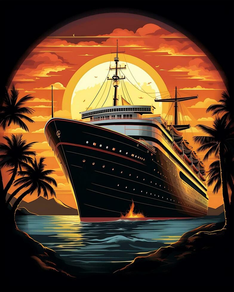 diese ist ein Aussicht von ein Jahrgang Sonnenuntergang und ein Kreuzfahrt Schiff Design im Vorderseite von es foto