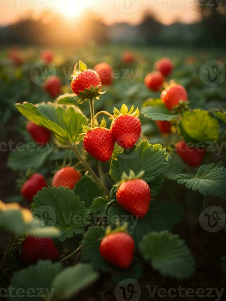 Erdbeere Bauernhof mit Sonnenaufgang. ai generiert foto