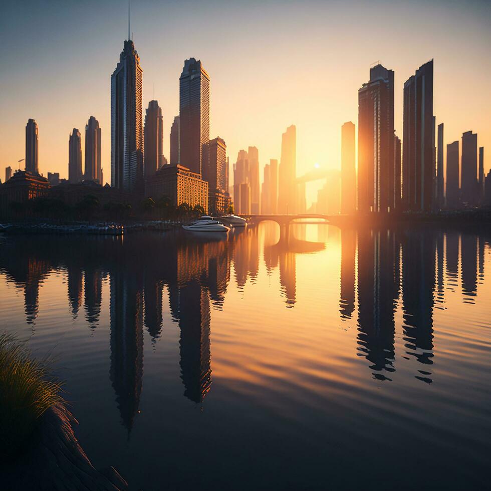 Gebäude Stadt und Sonnenaufgang, Fluss und Himmel Hintergrund, ai generiert foto