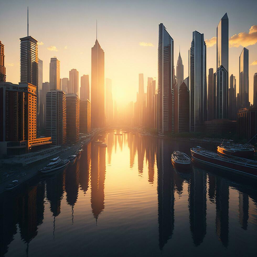Gebäude Stadt und Sonnenaufgang, Fluss und Himmel Hintergrund, ai generiert foto