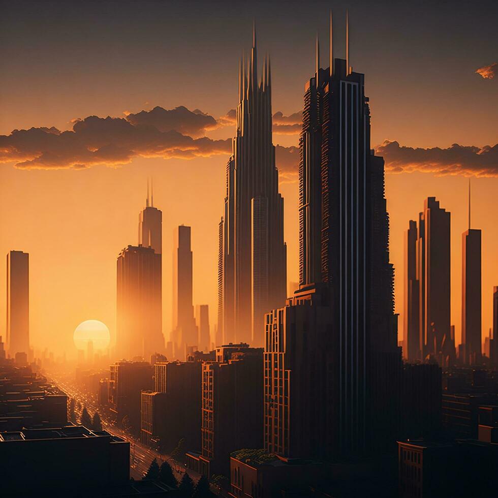 Gebäude Stadt und Sonnenuntergang, ai generiert foto