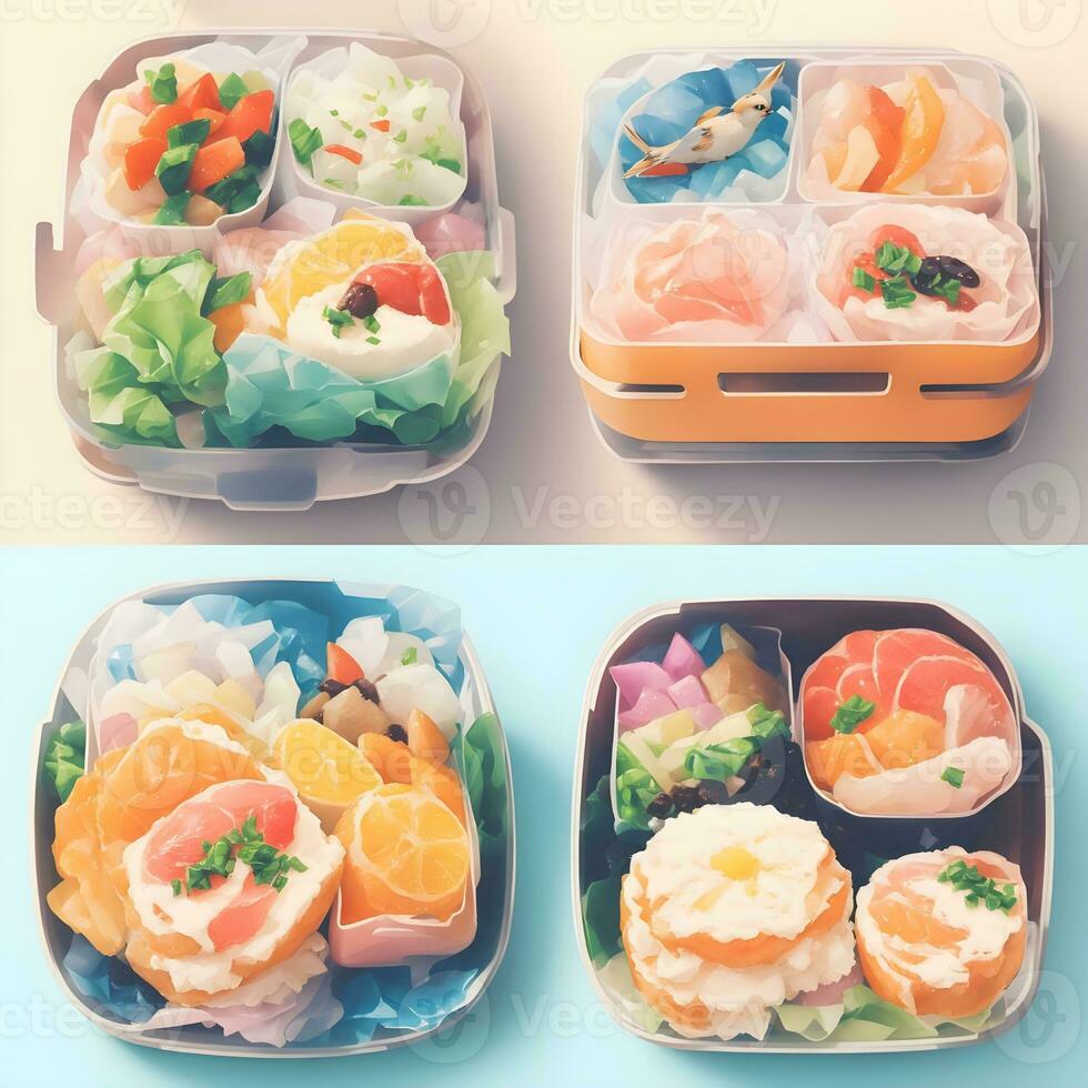 Bento oder japanisch Mittagessen Kasten, gesund Essen Lieferung Konzept. nehmen Weg nehmen Weg nehmen Weg Kisten mit Gemüse und Fleisch. foto