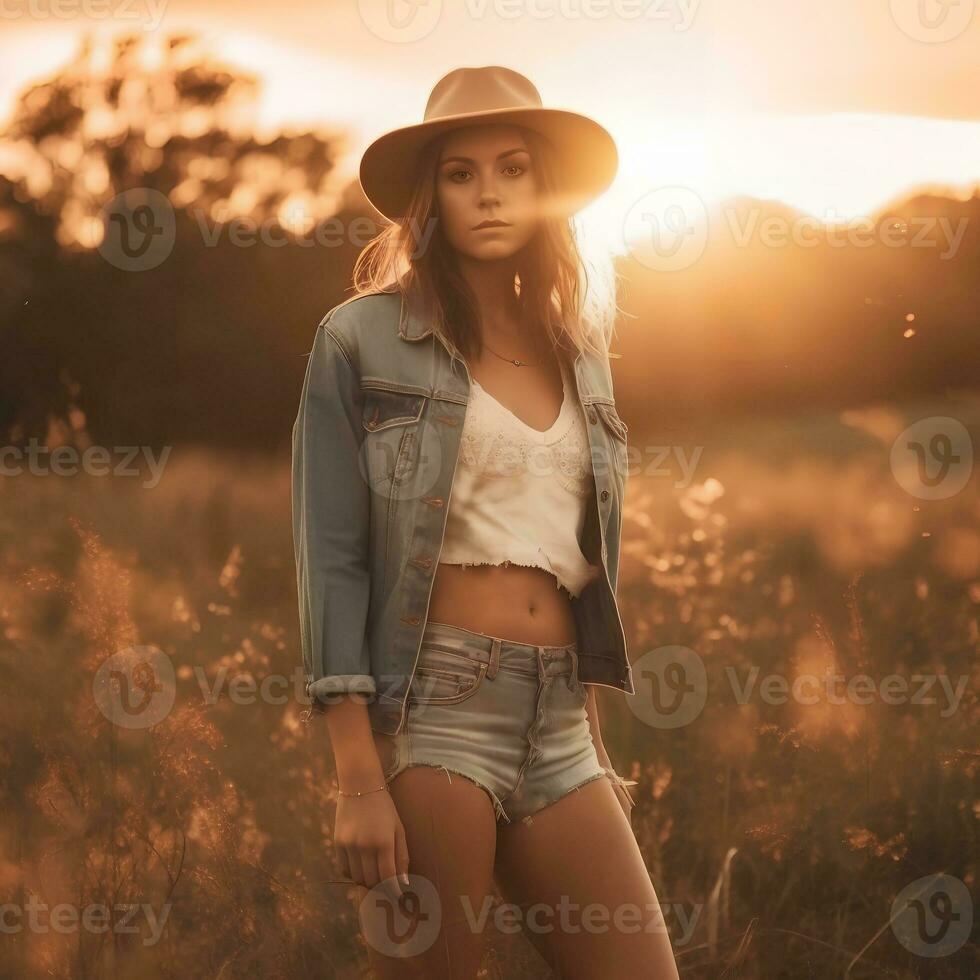 Porträt von ein Frau im ein Cowboy Hut auf das Hintergrund von das Rahmen Sonne, natürlich Foto im das Feld, ,weich Licht, ai generativ Kunst