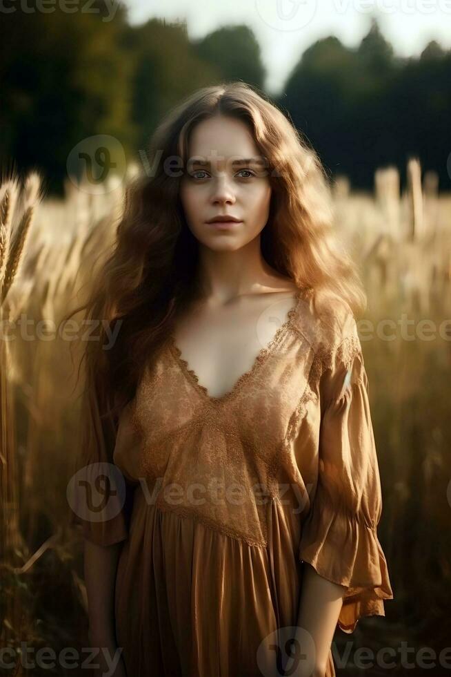 Porträt von ein europäisch Frau im einfach rustikal Kleider auf ein Feld Hintergrund, , natürlich Foto, Sanft Licht, ai generativ Kunst foto